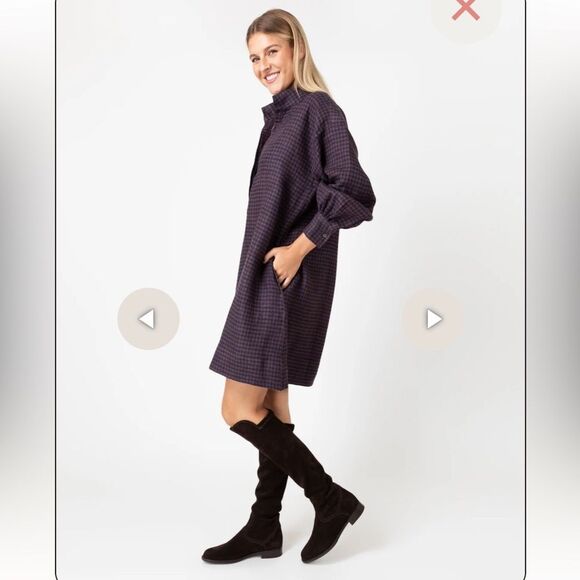 Ann Mashburn Anaya Popover Dress in Brown Navy Gingham Linen Size MED - Picture 2 of 15